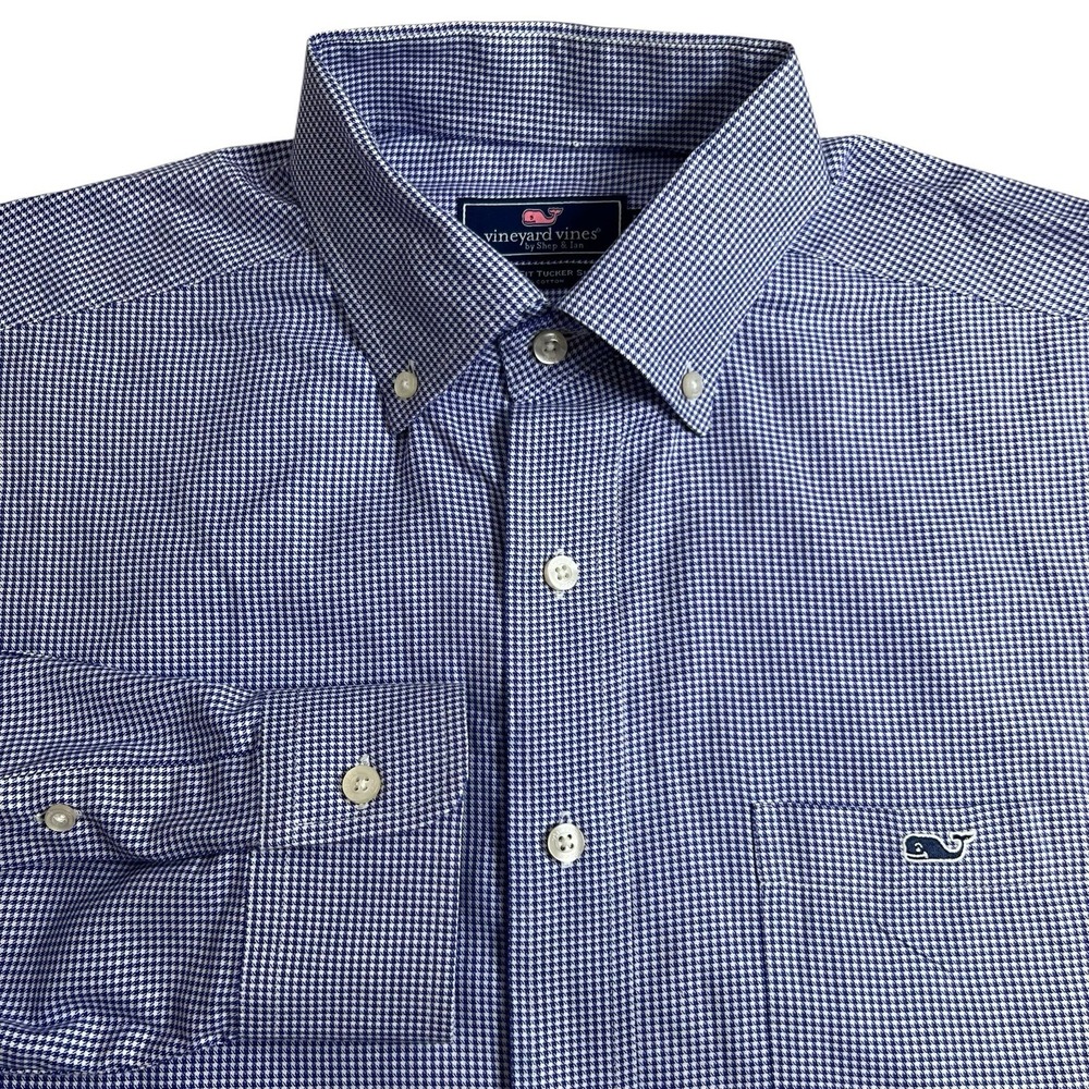 Vineyard Vines Mens Medium Purple White Houndstooth Classic Fit Tucker Shirt